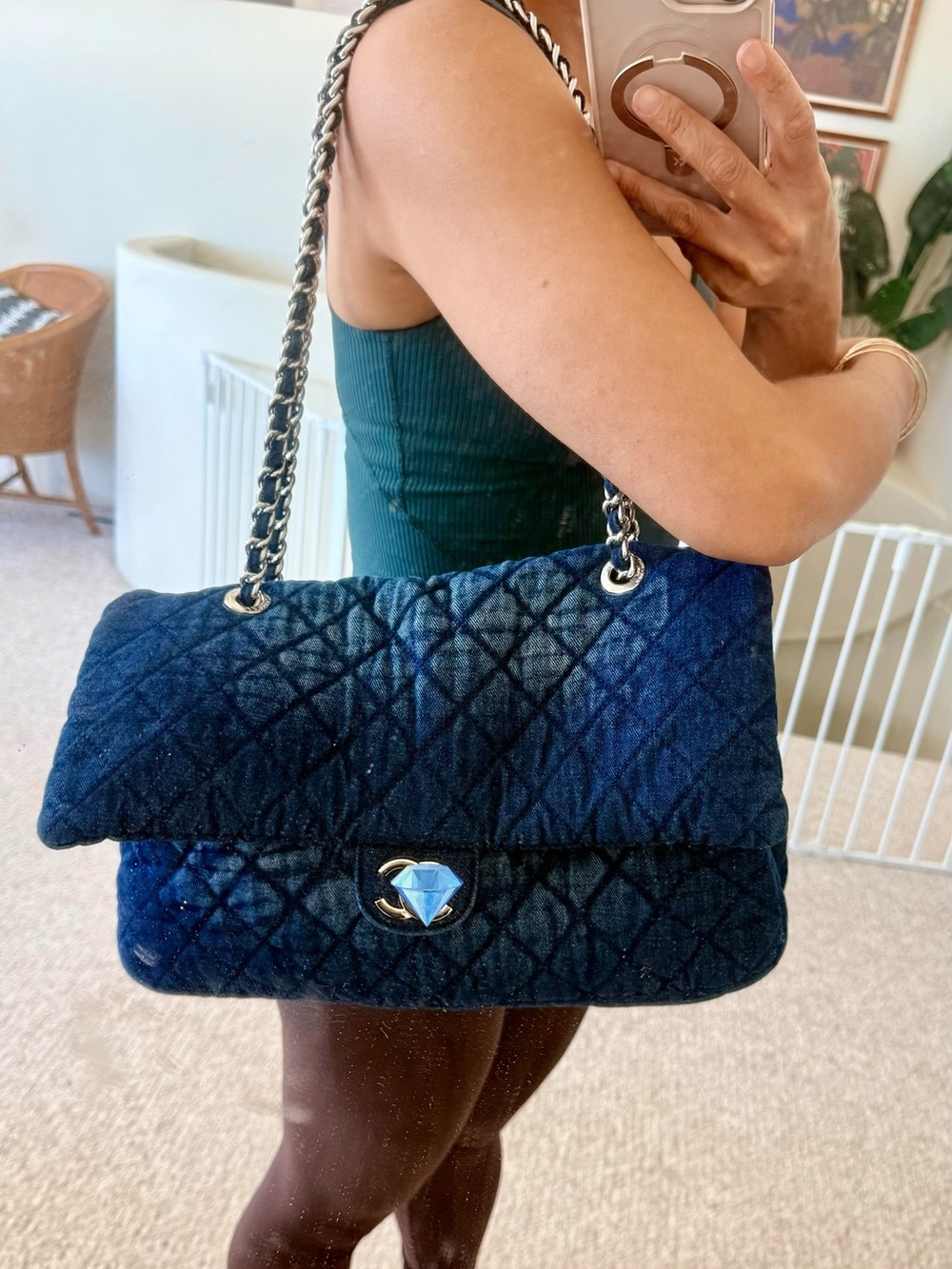 Designer CC Quilted Denim Flap Bag in Dark Blue Matelassé